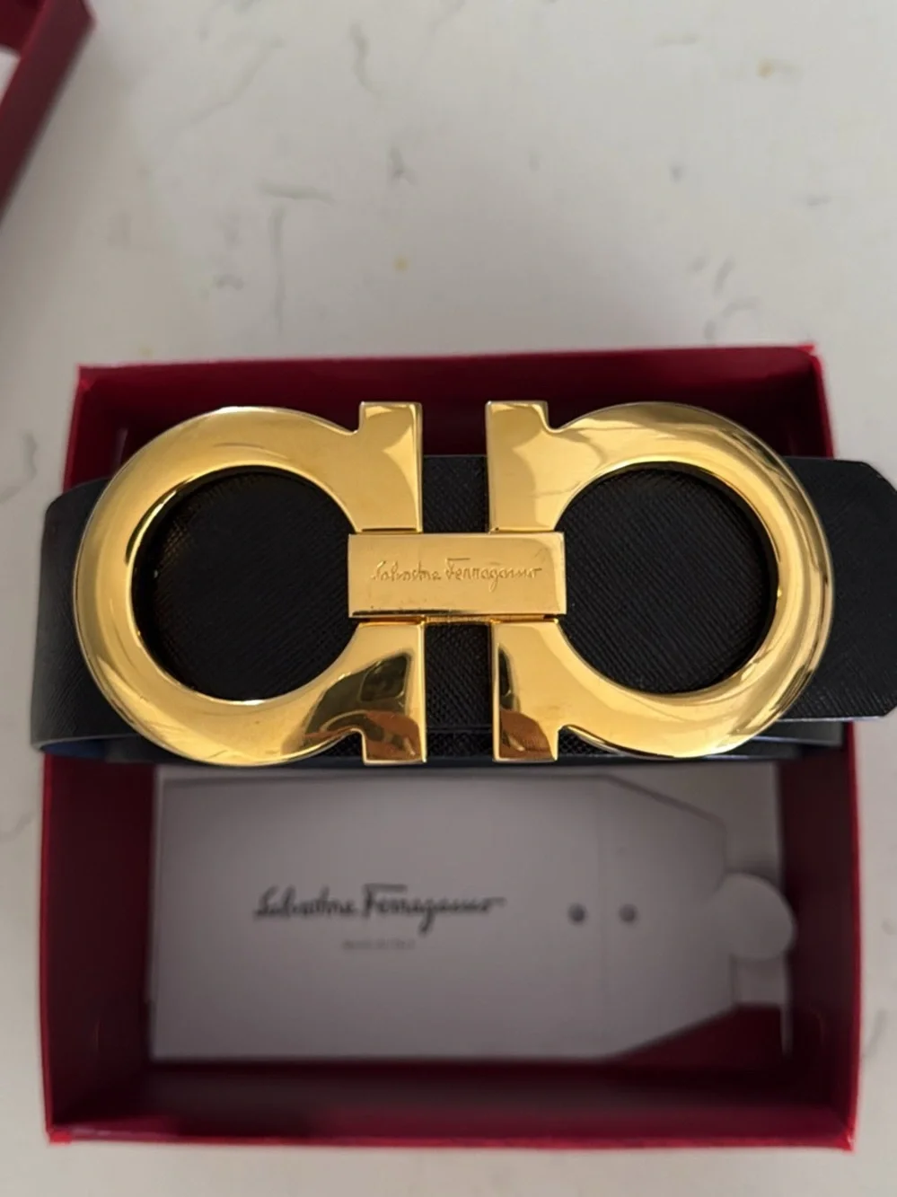Salvatore Ferragamo Black Leather Belt with Gold Double Gancini Buckle